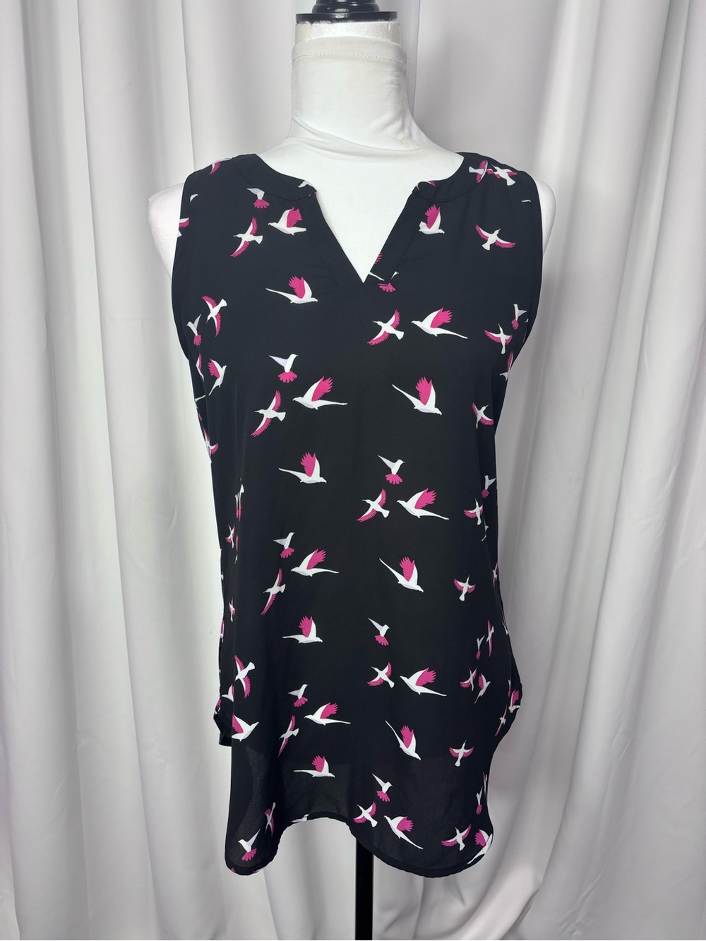 Van Heusen Black Top with Pink & White Bird Print